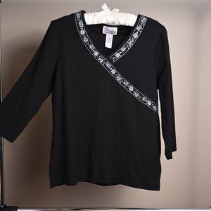 Black 3/4 Sleeve Cotton Blend Tee Top with Beaded & Embroidered Neckline
